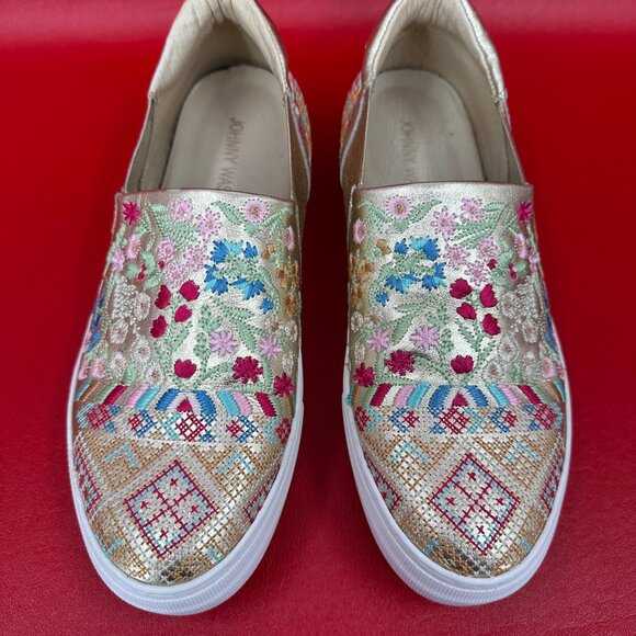 Johnny Was Embroidered Gold VInny Morraco Slip On Loafer Sneakers Shoes 39 US 9 - Picture 2 of 10